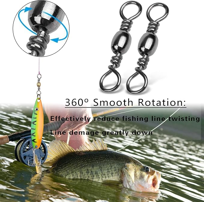 Barrel Swivels Fishing Tackle Kit, 300pcs Crane Ball Bearing Fishing Swivel with Solid Ring Black Stainless Steel Fishing line Hook Connector Fishing Gear Accessories for Saltwater Freshwater