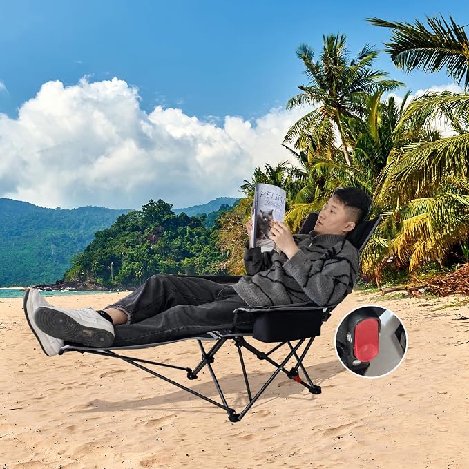 Reclining Camping Chair 4 Position with Foot Rest Comfortable for Adults 265Ibs Folding Lounger Mesh Beach Chair with Cooler Bag and Cup Holder for Outdoor Patio