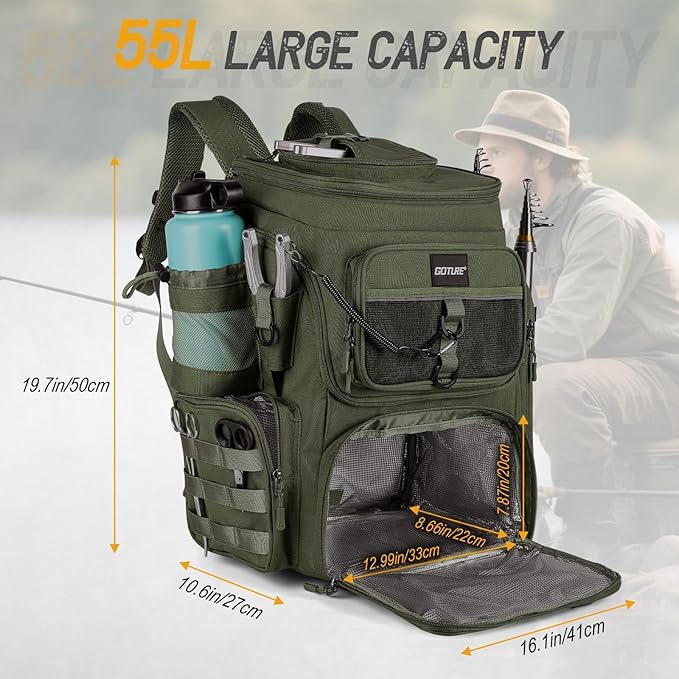 Goture Fishing Backpack, 900D Water-Resistant Tackle Bag with Rod Holders, Insulated Cooler Compartment, 55L Large Capacity Fishing Gear Storage for Saltwater&Freshwater Camping Hiking,Gifts for Men