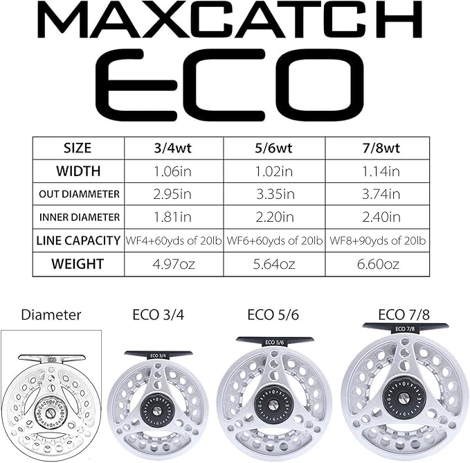 M MAXIMUMCATCH Maxcatch ECO Large Arbor Fly Fishing Reel (3/4wt 5/6wt 7/8wt) and Pre-Loaded Fly Reel with Line Combo