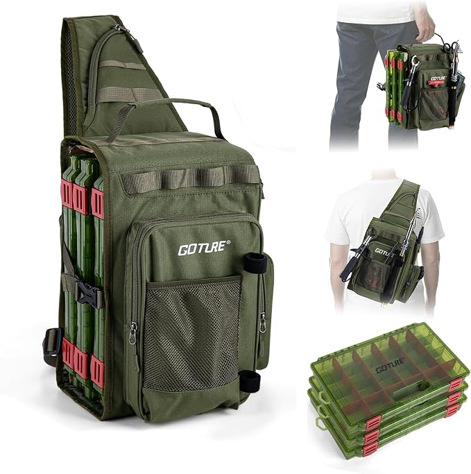 Goture OpenSide Tactical Sling Tackle Bag with 3 3700 Tackle Trays, Lightweight Fishing Backpack Storge Fishing Gear and Equipment - Green Bag Outdoor,Gift for men