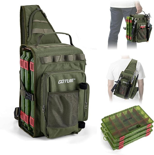 Goture OpenSide Tactical Sling Tackle Bag with 3 Tackle Trays, Lightweight Fishing Backpack Storge Fishing Gear - Green Bag Outdoor,Gift for men
