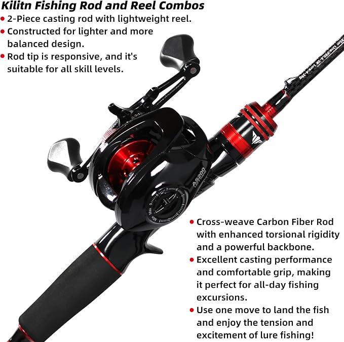 Kilitn Fishing Rod and Reel Combo, Baitcaster Rod 2-Piece & Reel, L/M/MH Power Replaceable Tips, Strong Carbon Fiber Rod with EVA Handle for Freshwater or Saltwater Fishing