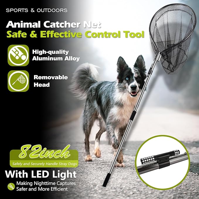 Dog Catch Net Pole, Animal Catching Net, Wildlife Control Tool, Large Fish Landing Net for Chicken Raccoon Duck Goose Bird Skunk Bat Raccoon Guinea Fowl Feral Cat Pigeon Tuna Goat - Heavy Duty