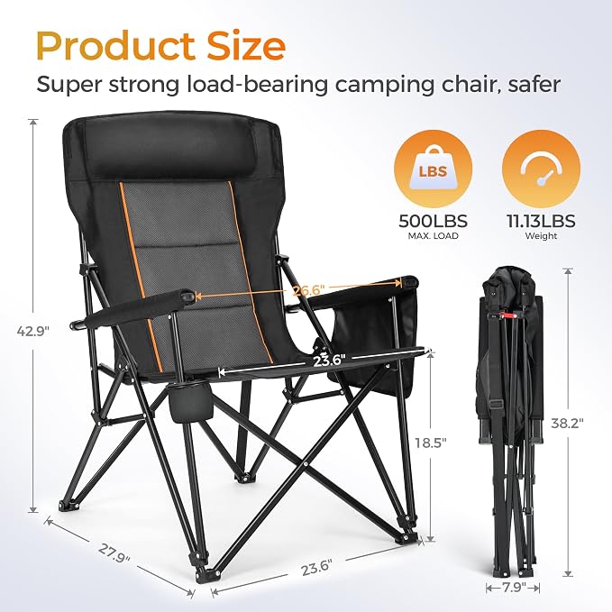 ALPHA CAMP Heavy Duty Camping Chairs with Cup Holder Oversized Folding Chair 500LBS Capacity Outdoor Chair with Headrest,Lawn with Side Pocket for Lawn, Sports and Fishing