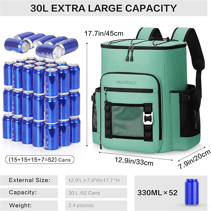 Hulongo Cooler Backpack, 30L Insulated Leakproof Soft Cooler Bag for 52 Cans, Lightweight Backpack for Beach, Picnic, Camping, Hiking, Fishing and Travel
