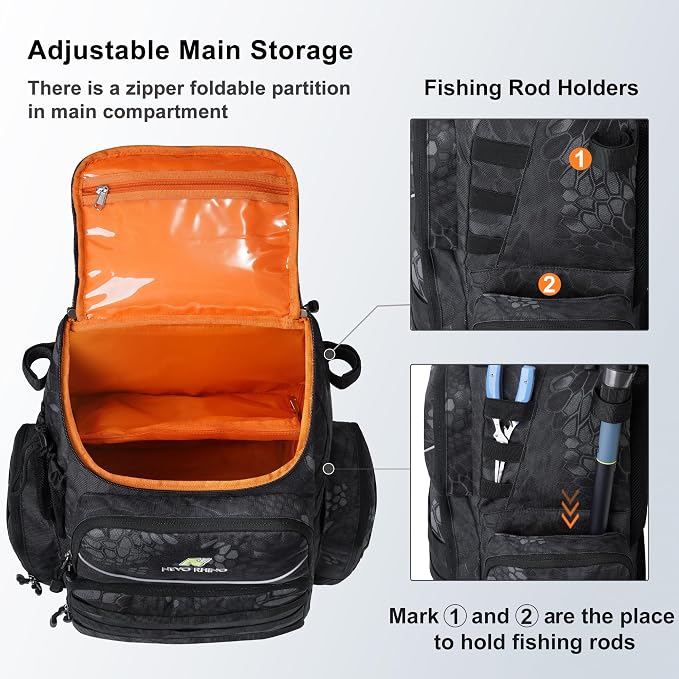 N NEVO RHINO Fishing Tackle Backpack with Rod Holders, 40L Large Fishing Bag with Waterproof Rain Cover,Outdoor Tackle Bag