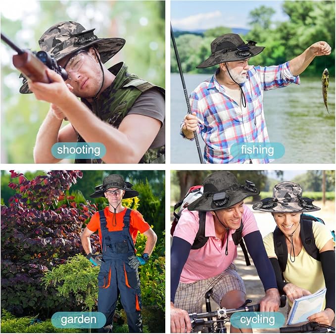 Glitopper 2 Set Wide Brim Solar Fan Hats with 2 Solar Fan and Arm Sleeves Set Outdoor Fishing Bucket Hat for Men Women Hiking