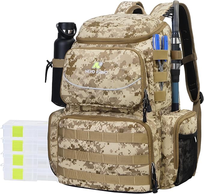 N NEVO RHINO Fishing Tackle Backpack with Rod Holders, 40L Large Fishing Bag with Waterproof Rain Cover,Outdoor Tackle Bag