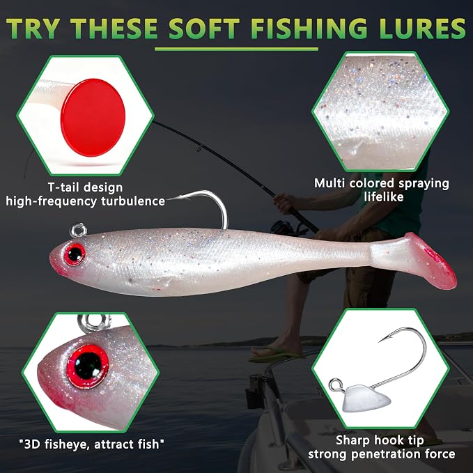 Soft Fishing Lures for Bass Fishing:Pre-Gigged Swim Baits for Saltwater or Freshwater.Soft Plastic Fishing Accessories.