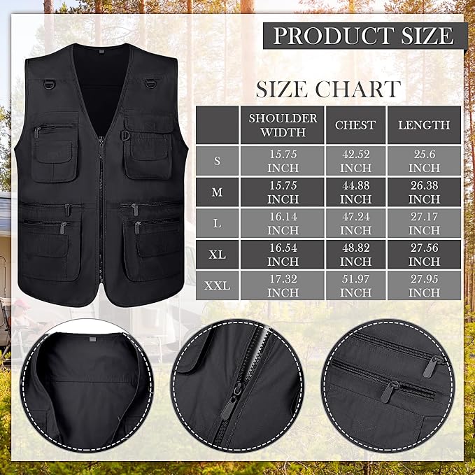 Janmercy 2 Pieces Men's Work Fishing Vest with Hat Lightweight Safari Travel Hunting Waistcoat With Multi Pockets Fishing Hat