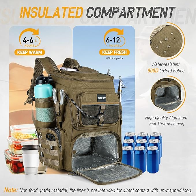 Goture Fishing Backpack, 900D Water-Resistant Tackle Bag with Rod Holders, Insulated Cooler Compartment, 55L Large Capacity Fishing Gear Storage for Saltwater&Freshwater Camping Hiking,Gifts for Men
