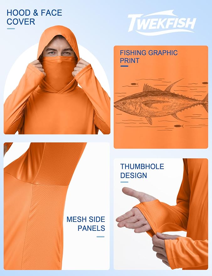 Men's UPF 50+ Long Sleeve Fishing Hoodie, UV Protection Sun Shirt with Hood Mask, Hooded Graphic Shirts for Outdoor