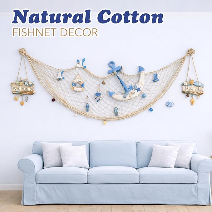 4E's Novelty Fish Net Decorative - Pack of 3 - Natural Cotton Fishnet Decor - Each 14 x 4 feet - for Mermaid Party Decorations, Luau Tropical Nautical Beach Table Cover