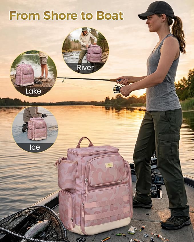 MATEIN Pro Fishing Backpack with 4 Tackle Boxes, 3600 Tackle Box Backpack with Rod Holder, Large Side Gear Storage & Cooler