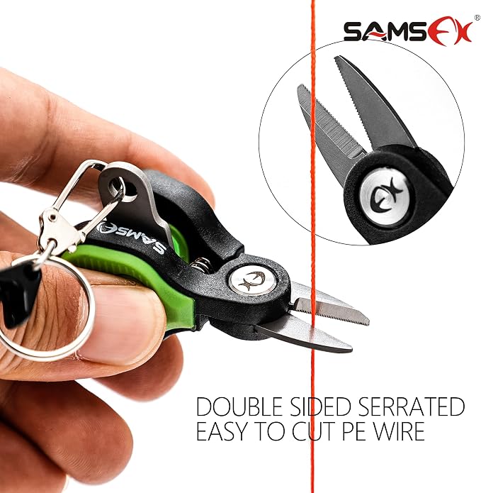 SAMSFX Fishing Nipper with Retractable Tether, Stainless Steel Blades that Cut Braid, Mono and Fluoro Lines, SNIP, Fishing Line Cutters (Green)