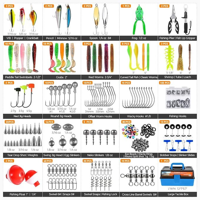 PLUSINNO Large 3 Layers Fishing Tackle Box with Tackle Included, 415Pcs Fishing Lures Kit Contains Pliers, Crankbait, Weights, Accessories, Portable Fishing Gear Gifts for Men Starter Kits Bass Trout