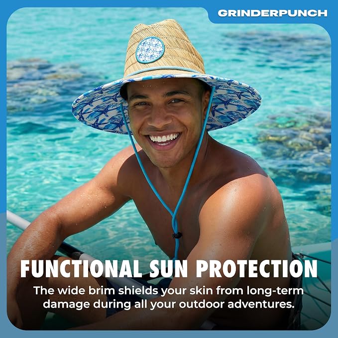 grinderPUNCH Lifeguard Hat Mens Straw Sun Hat for Outdoor American Flag USA Patriotic Straw Beach Fishing Straw Hat for Men