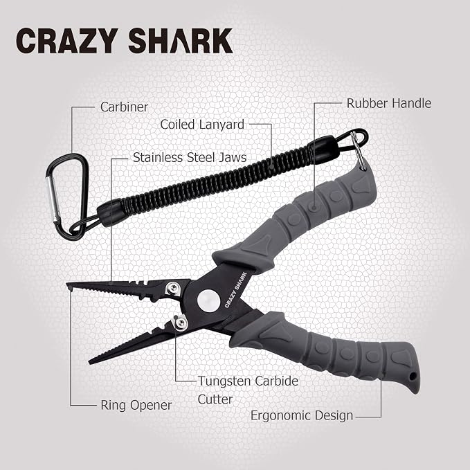 Fishing Pliers, Stainless Steel Fishing Tools, Saltwater Resistant Fishing Gear, Tungsten Carbide Cutters, Split Ring Pliers, Hook Remover with Coiled Lanyard and Sheath