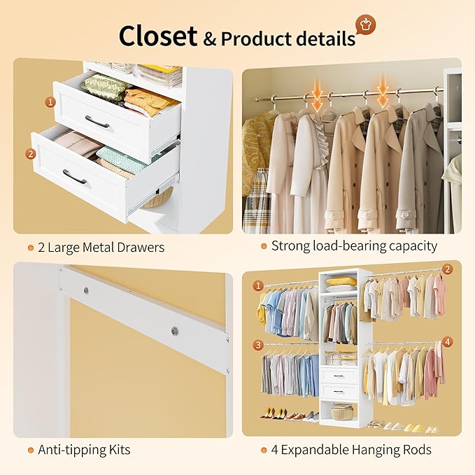 79"H Closet System, 2-8.2FT Metal Closet Organizer with 4 Expandable Hanging Rods, Walk In Closet Organizers and Storage, Clothes Closet with 5 Hanging Zones, 2 Drawers, 2 Shelving Towers