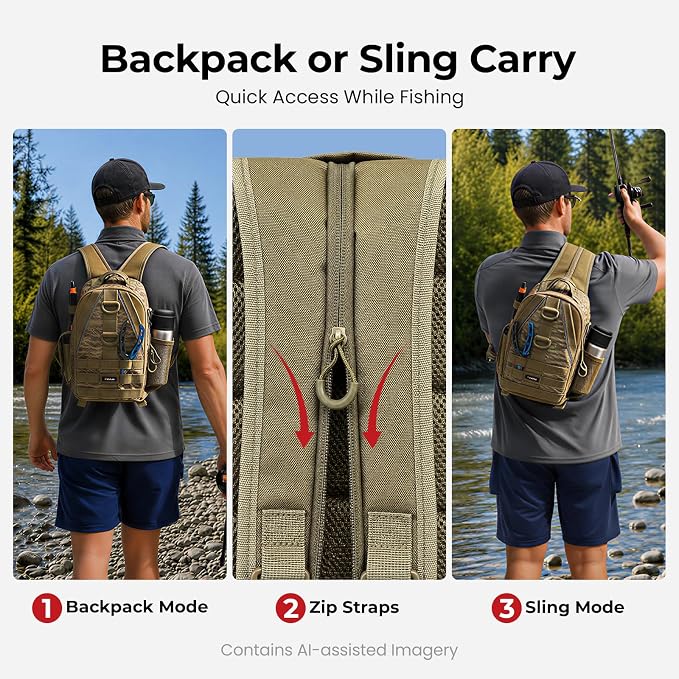 Piscifun Fishing Backpack with Rod Holder, Lightweight Sling Bag Storge Gear and Equipment