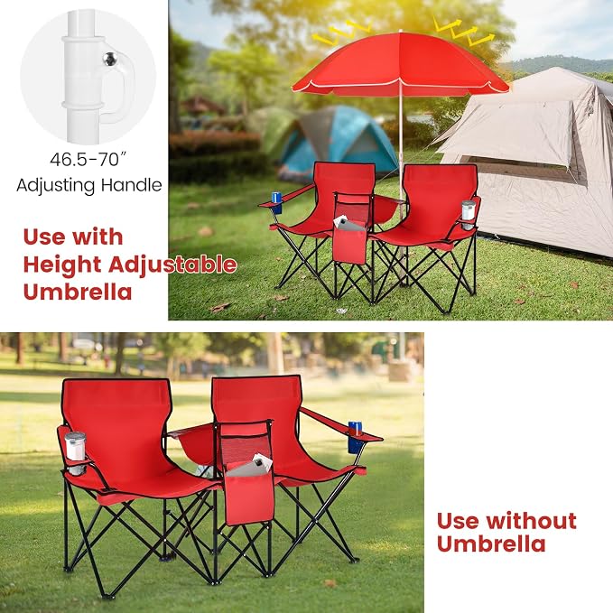 Tangkula Double Camping Chairs with Umbrella, Portable 2 Seat Folding Camp Chair with Cooler Bag, Beverage Holder, Carrying Bag, Foldable Lawn Chair for Outside, Fishing, Picnic, Beach