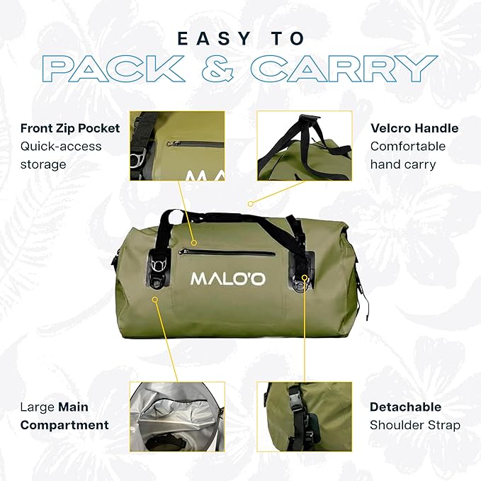 Malo’o Waterproof Dry Duffel, Heavy-Duty Roll Top Waterproof Gear Bag with Shoulder Strap & Molle Loops, Marine Duffel for Kayaking, Boating, Camping, Beach & Travel, Dark Green, 40L