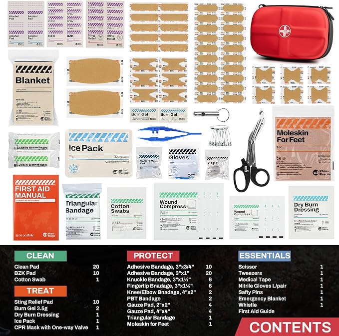 RHINO RESCUE EVA First Aid Kit, Small Waterproof Emergency Hiking First Aid Kit for Backpacking, Medical Kit for Travel, Home, Car, College Dorm Room, Camping, Boat, Back to School (Red)