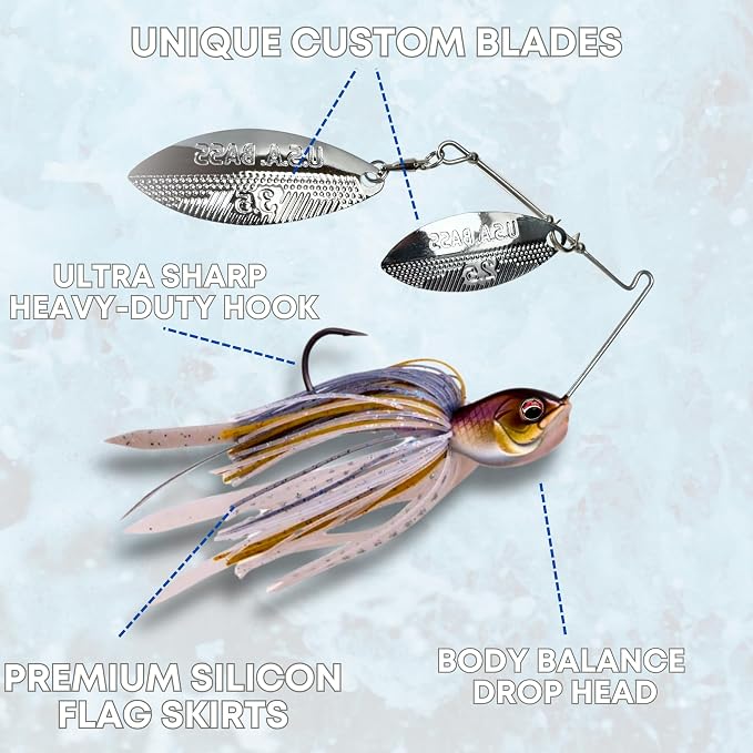 USA BASS Tackle Apache Attack Spinnerbait Type II Largemouth Smallmouth Spotted Bass Premium Fishing Bait Handtied Skirt Custom Blades Heavy Duty Hook New for 2025