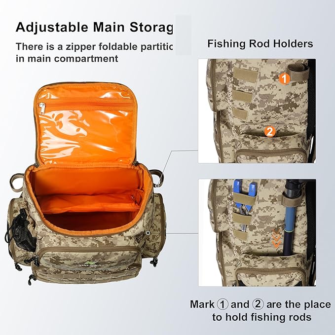 N NEVO RHINO Fishing Tackle Backpack with Rod Holders, 40L Large Fishing Bag with Waterproof Rain Cover,Outdoor Tackle Bag