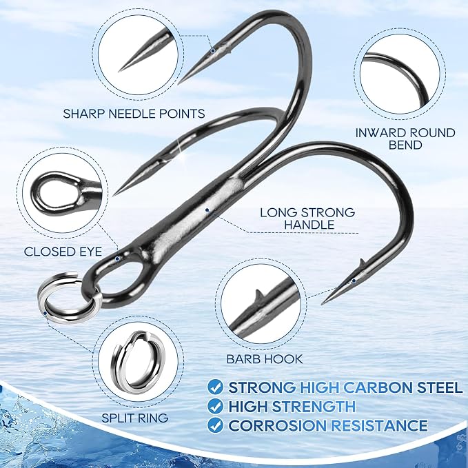 UCEC Fishing Hooks Treble Hooks Kit for Saltwater Freshwater, High Carbon Steel Strong Sharp Round Bend for Catfish Trout Hard Baits Lures, Size #1#2#4#6#8#10#12#14 110/50/210 Pack with Split Rings