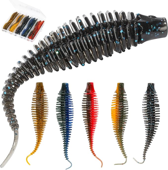 Soft Plastic Worm Fishing Lures Kit, Finesse TRD Stick Worms and Ned Rig Baits with Jig Heads for Bass Fishing, Freshwater Bass Soft Baits