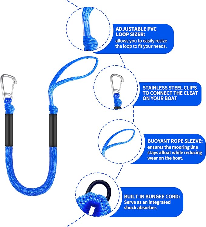 Boat Bungee Dock Lines – Adjustable Boat Tie Downs for Pontoon, Jet Ski, PWC, Kayak | Single Hook Small Cruiser Mooring Lines | (2, Blue, 3 Feet)