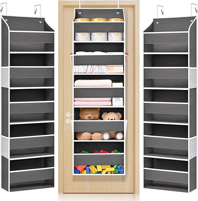ULG Over-The-Door Organizer 5 Tiers, Large Pocket Hanging Rack with 4 Mesh Side Pockets, Space Saving Closet Door Organizer for Clothes, Shoes, Toys, Accessories, Support 44 LBS Max, Grey, 2-Pack