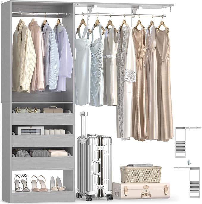 60" Wide x 80" Tall Closet System with 3 Half-Open Wooden Drawers, 5FT Closet Organizer System with 2 Hanging Rods & Removable Tower, Freestanding Wardrobe Organizer for Walk-in Bedroom, Grey