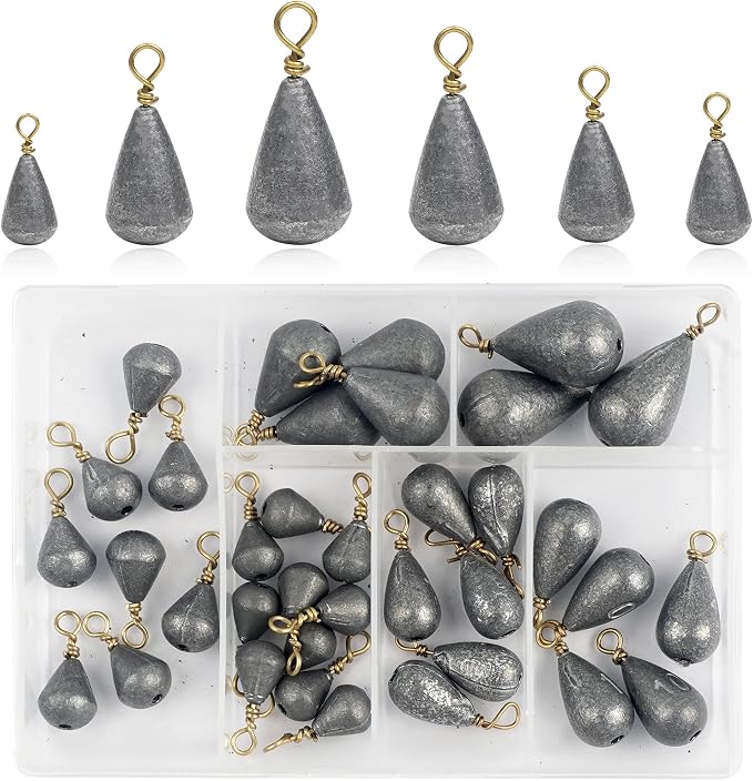 30 Pack Fishing Weight Sinkers,Bass Casting Sinker Weights Lead Bell Drop Shot Sinker with Brass Swivel Catfish Weight Sinkers Streamline Saltwater Freshwater Fishing