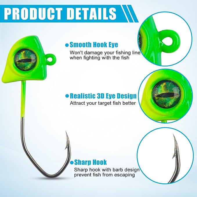 Crappie Jig Heads 25pcs Fishing Jig Head Hooks with 3D Eye Swimbait Jig Heads Soft Lures Fishing Hooks for Walleye Bass Bluegill Crappie 1/32oz 1/16oz 1/8oz
