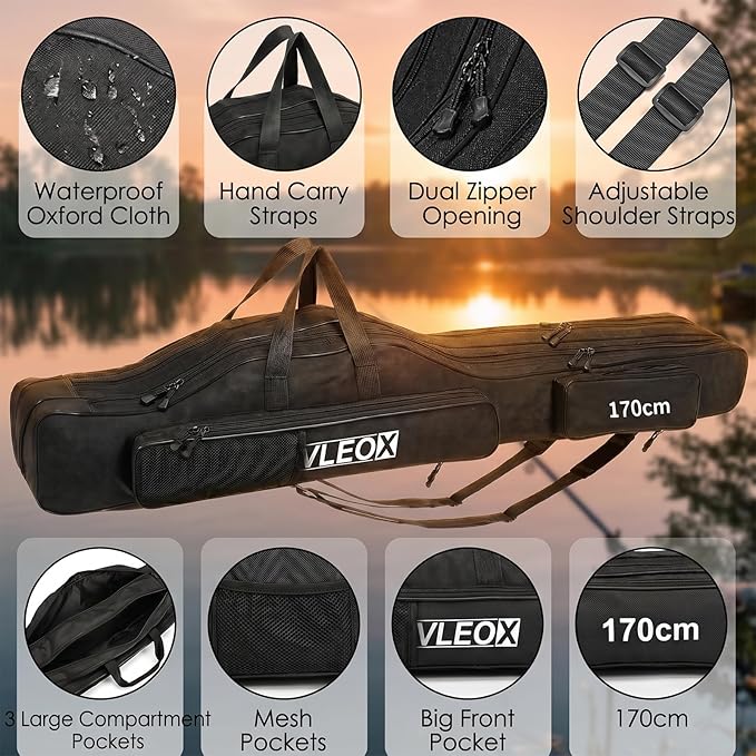 3 Layers Fishing Pole Bag, Fishing Rod Case, Portable Folding Fishing Rod Case Fishing Pole Reel Storage Bag Fishing Gears Organizer 150cm