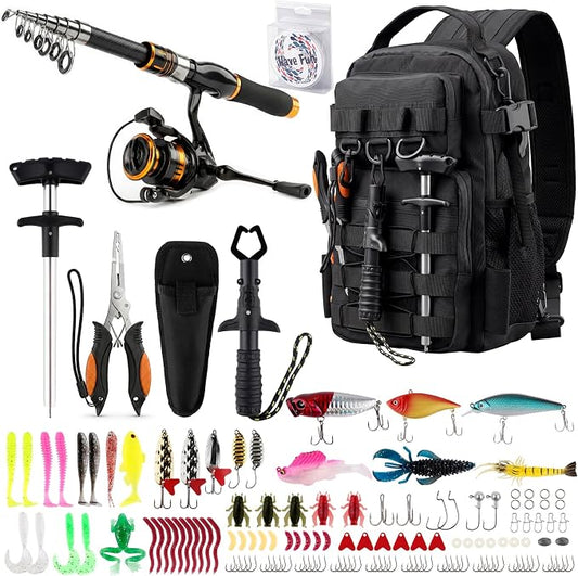 Fishing Backpack with Spinning Rod Reel Combos Tackle Box,Portable Travel Fishing Rods Kit,Fishing Sling Tackle Bag with Rod Holders,Fishing Gear Gifts for Men with Fishing Lures,Pliers