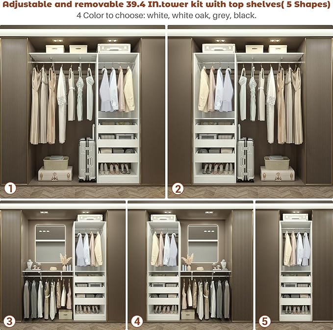 60" Wide x 80" Tall Closet System with 3 Half-Open Wooden Drawers, 5FT Closet Organizer System with 2 Hanging Rods & Removable Tower, Freestanding Wardrobe Organizer for Walk-in Bedroom, White