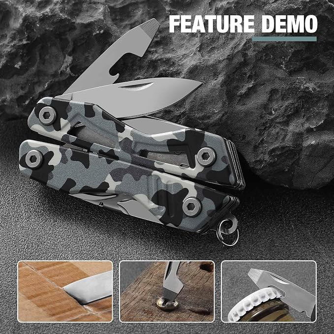 VIRENKNIFE Mini EDC Multitool,13-in-1 Stainless Steel Multi Tool Pliers with Pocket Knife,Bottle Opener，Screwdriver，Perfect for Camping, Outdoor and Everyday Use,Gifts for Men Dad（Camo）