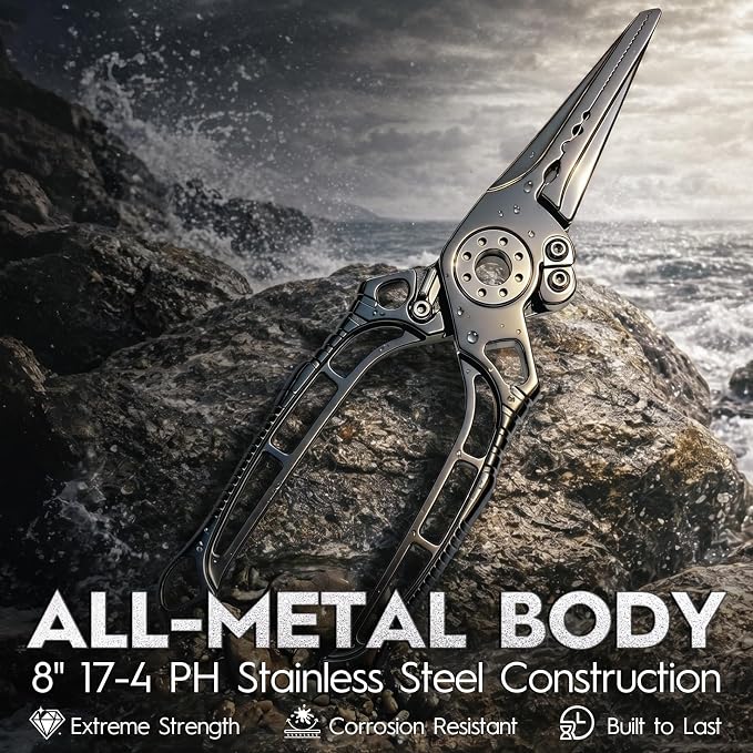 BASICGEAR Pro Fishing Pliers, 17-4PH Stainless Steel, 8", Saltwater Resistant, Braid Cutter, Split Ring Tool, Gunmetal Gray