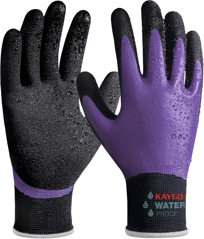KAYGO Waterproof Work Gloves for Men and Women, Rubber Coated Non-slip Working Gloves for Garden, Outdoor Construction,KG150 (Purple, XL)
