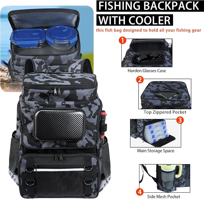 Fishing Backpack with Rod Holder and Tackle Boxes, Cooler, Large 50L Fishing Gear Bag with 139 Fishing Lures Kit, Fish Tool Set, Fish Gifts for Men Woman-Grey Backpack