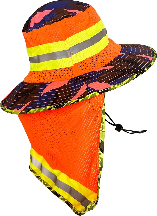 Men High Visibility Reflective Sun Hat with Neck Flap Wide Brim Boonie Hat Bucket Cap