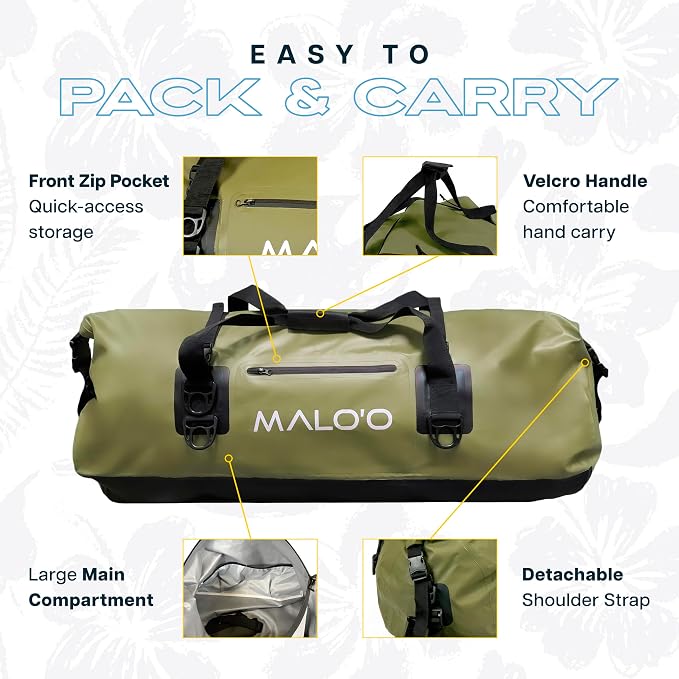 Malo’o Waterproof Dry Duffel, Heavy-Duty Roll Top Waterproof Gear Bag with Shoulder Strap & Molle Loops, Marine Duffel for Kayaking, Boating, Camping, Beach & Travel, Dark Green, 100L