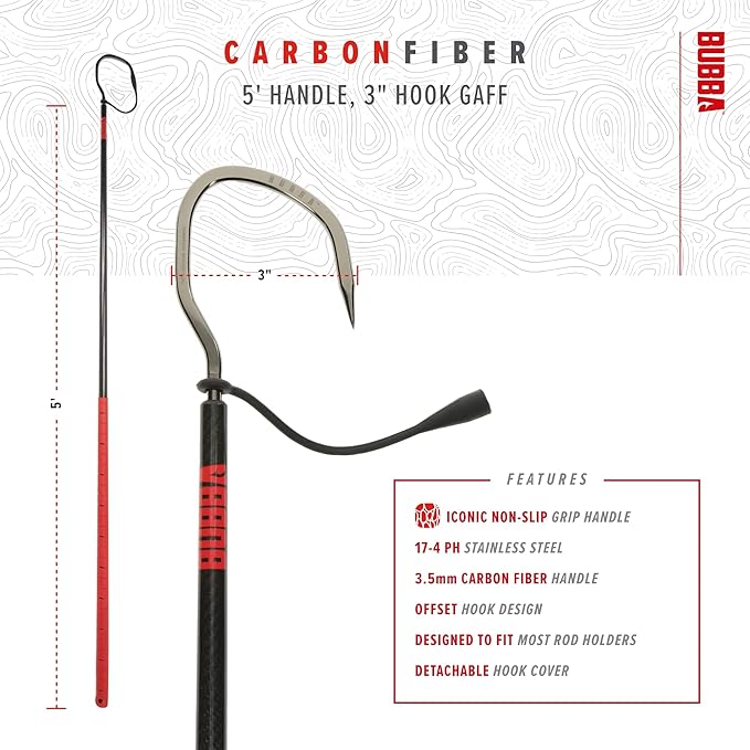 BUBBA 5 Foot Gaff with 3 Inch Stainless Steel Offset Hook, Non-Slip Grip Handles and Carbon Fiber Shaft for Fishing, Boating and Outdoors