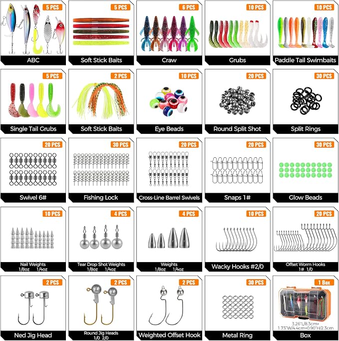 PLUSINNO Bass Fishing Lures - 307PCS Professional Bass Fishing Kit with 6 Pre-Rigged Rigs, All Water Depths Fishing Tackle Box Kit, Fishing Gear Lure Kit Gift for Men Freshwater Bass Trout Walleye