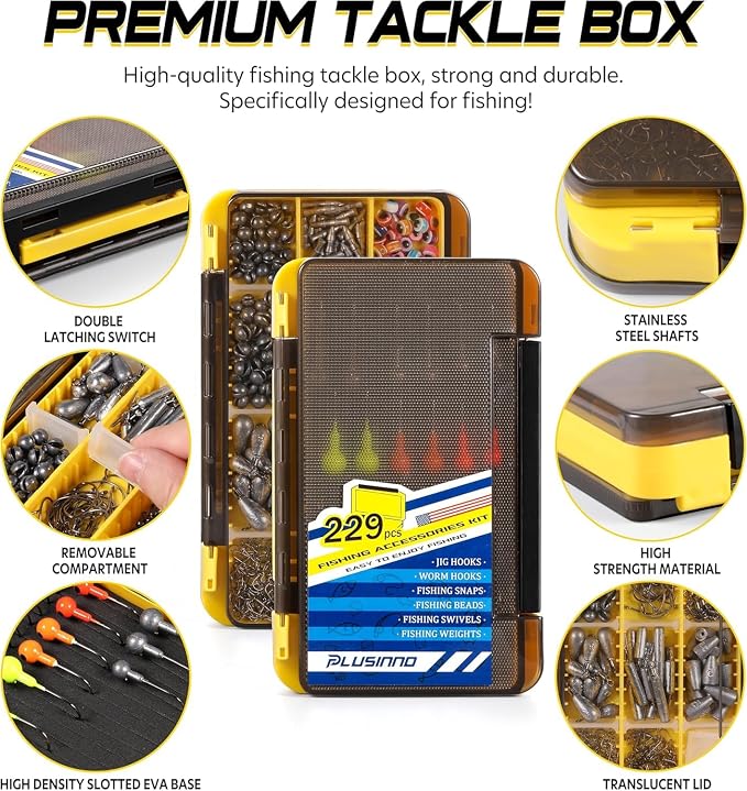 PLUSINNO 253/387pcs Fishing Gear Accessories Kit, Fishing Tackle Box with Tackle Included, Fishing Hooks, Fishing Weights Sinkers, Spinner Blade, Fishing Equipment for Bass Trout Bluegill Crappie