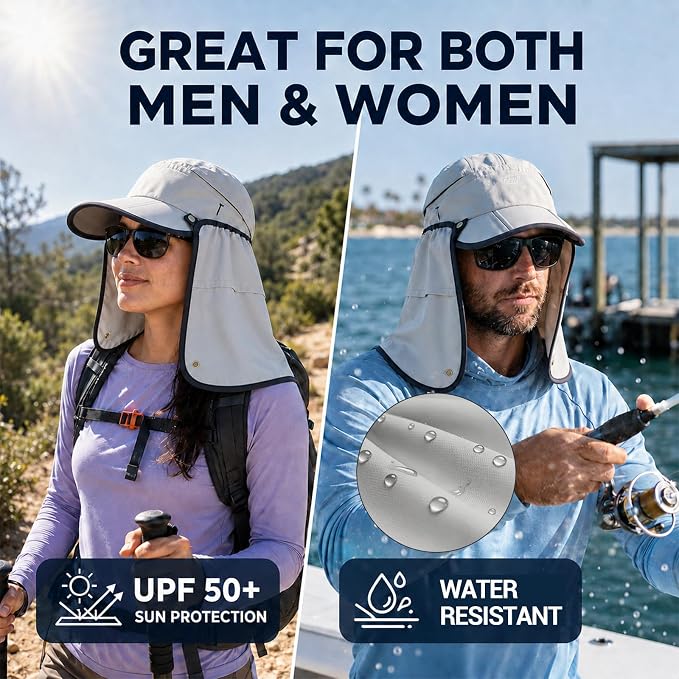 Palmyth Fishing Sun Hat with Detachable Neck Flap UPF 50+ Lightweight Hiking Hats Sunglass Lock Baseball Cap for Men Women